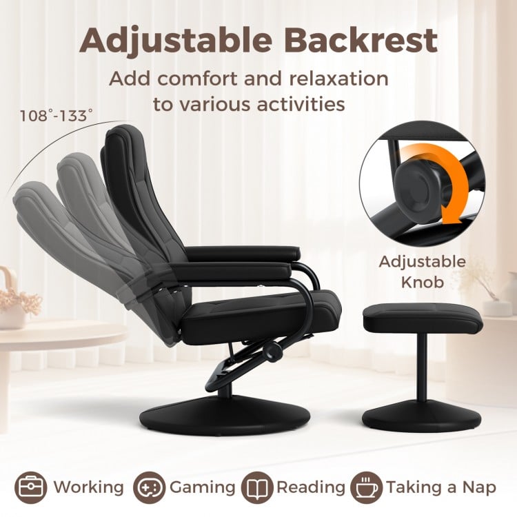 Swivel lounge chair recliner in black leather with adjustable backrest, perfect for gaming, reading, or napping.
